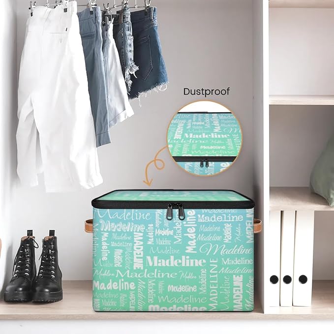 Custom Storage Basket with Name, Personalized Storage Bins with Zipper Lid, Foldable Fabric Storage Box Large capacity with Handle Bright Green Blue
