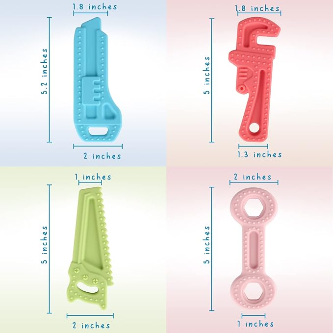 Fu Store 4 Pack Soft Silicone Teething Toys for 0-12Months 6-24 Months Toddlers Infant Hammer Tools Shape Baby Teethers Relief Soothe Babies Gums Set