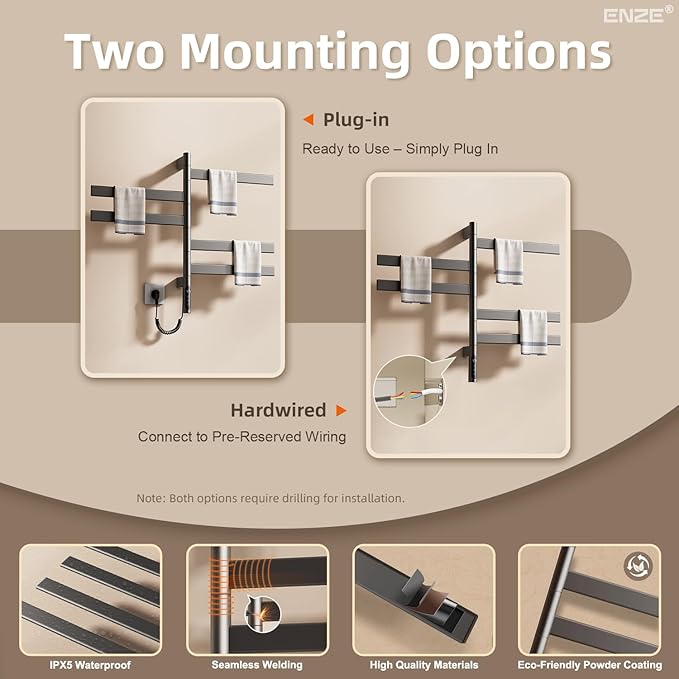 ENZE Smart Rotating Heated Towel Rack for Bathroom, Wall-Mounted Electric Towel Dryer with Swivel Bars, Smart Timer, Low Carbon Steel, IPX5, Plug-in/Hardwired, Towel Warmer with Wi-Fi App Control