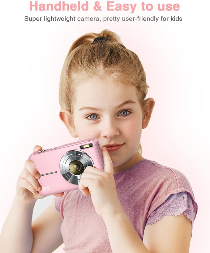 Digital Camera, FHD 1080P Point and Shoot Kids Camera, with 32GB Card, 2 Batteries, 16X Zoom Anti Shake Date Stamp, Compact Portable Small, for Starter Kid Children Teen Student Girl Boy(Pink)
