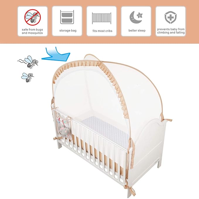 Baby Safety Crib Tent Infant Pop up Mosquito Net Nursery Bed Canopy Netting Cover - Keep Baby from Climbing Out with Hanging Diaper Storage Bag (Beige)