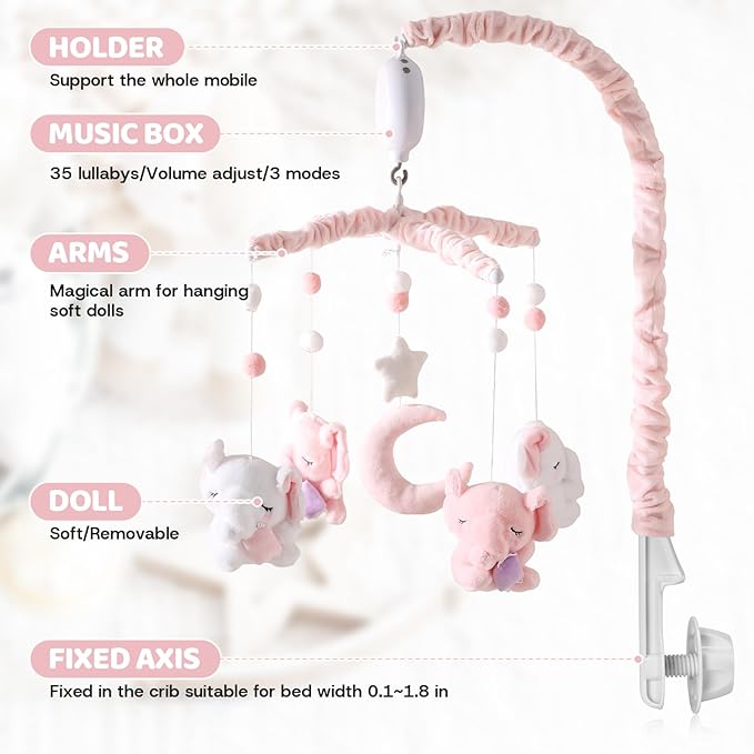 Baby Crib Mobile - Elephant Mobile for Crib with 25 Inches Mobile Arm and 35 Lullabies Musical Box, 3 Modes Digital, Volume Control, Essential Gift for Infant Boys Girls Bedroom Hanging Decor