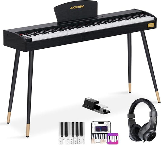 AODSK Beginner Digital Piano 88 Key Keyboard,Full-size Electric Piano for Beginners,with Sheet Music Stand,Pedal,Power Adapter,Headphone Mode,USB-MIDI,Piano Lessons,Black,-Comes with headphones