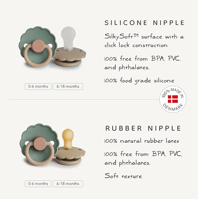 FRIGG Daisy Night SilkySoft Silicone Baby Pacifier | Made in Denmark | BPA-Free (Portobello/Croissant, 6-18 Months)