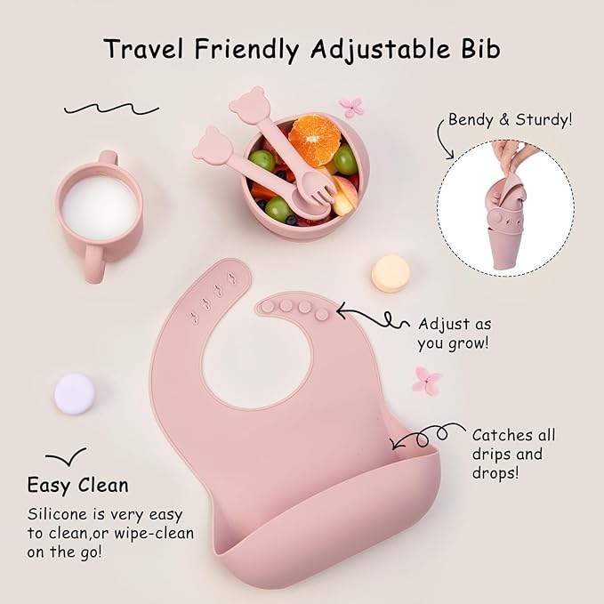 Baby Feeding Set, 13PCS Silicone Baby Self Feeding Set, Toddler Led Weaning Utensils Set with Suction Bowl and Plate, 3 Set of Baby Spoon and Fork, Adjustable Bid, Sippy Cup with Straw and 2 Lids