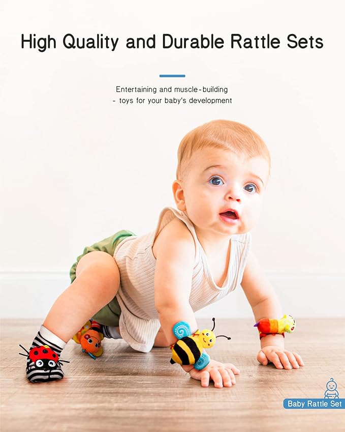 Infinno Baby Wrist Rattle Socks and Foot Finder Set, Perfect Baby Toys for 0-12 Months Newborn Boys and Girls As Shower Gifts, Garden Bug Series