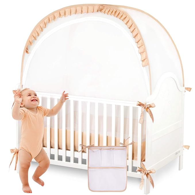 Baby Safety Crib Tent Infant Pop up Mosquito Net Nursery Bed Canopy Netting Cover - Keep Baby from Climbing Out with Hanging Diaper Storage Bag (Beige)