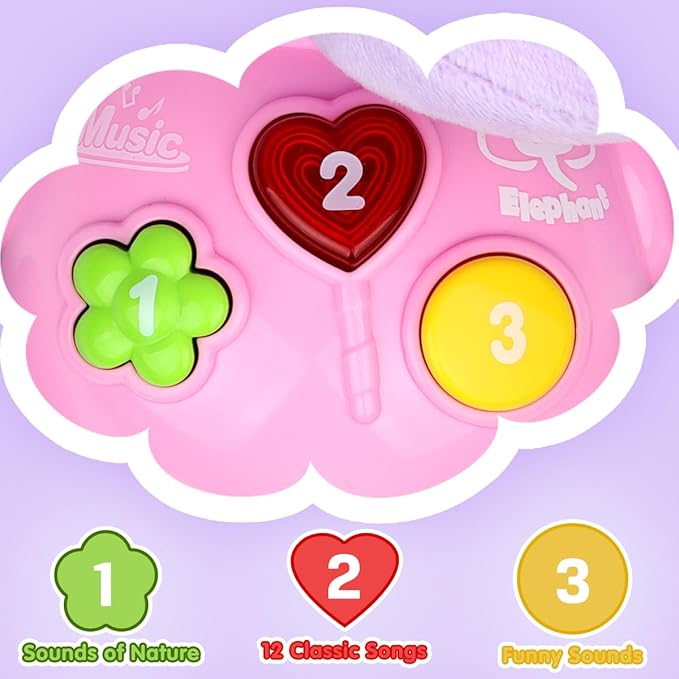 Aitbay Plush Elephant Music Baby Toys 0 3 6 9 12 Months, Cute Stuffed Aminal Light Up Baby Toys Newborn Baby Musical Toys for Infant Babies Boys & Girls Toddlers 0 to 36 Months (Purple)