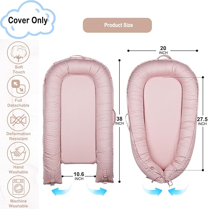 Baby Lounger Cover Only for Newborns, 100% Cotton Soft Portable Baby Nest Lounger Cover, Breathable Infant Lounger Replacement Cover, Lounger Pillow Cover Fit for Snuggle Me, Cover Only(Pink)