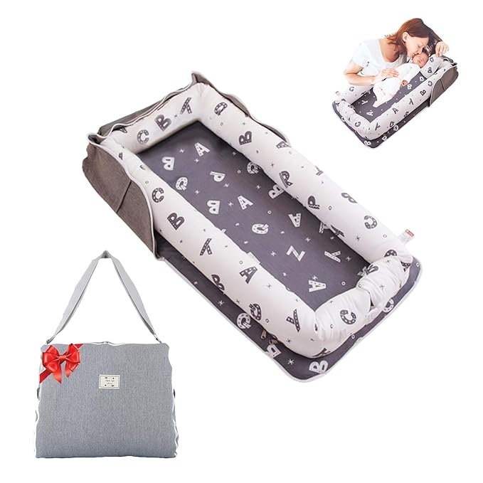 Baby Lounger for Newborn Portable Bag,Baby Nest Play Gym mat with Strap,Newborn Lounger Adjustable Size & Inner Zipper Lengthen Space to 24 Months(Letter Gray)