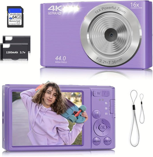 Digital Camera, FHD 4K 44MP Digital Camera, 16X Digital Zoom, Digital Point and Shoot Camera with 3-LED Fill Lights, 64GB SD Card, Compact Camera for Kids Teen Boys Girls, Purple