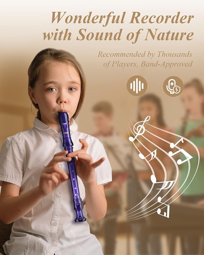 Eastar Soprano Recorder Instrument for Kids Students Beginners, German fingering C Key with Cleaning Kit, Storage Bag, Fingering Chart, ERS-1GPu, Purple, School-Approved