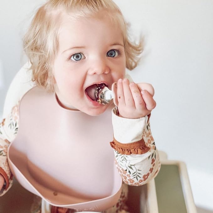 Ali+Oli Spoon & Fork Learning Set for Toddlers (Powder Pink) 6m+ Grab Easy BPA Free Food-Grade Silicone Handle, Kids Silverware Self Feeding Baby Utensil, Multi-stage Baby Feeding Set Ergonomic Design