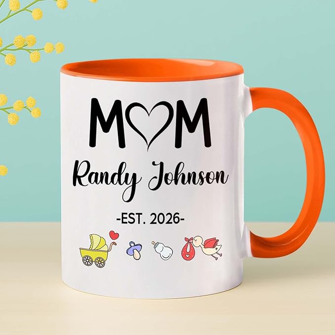 Customized Year & Name New Mom/Mother/Mama White Tea Cup 11 15Oz, Mom EST 2026 Coffee Mug, Personalized Accent Ceramic Cup Gift For First Time Mommy or Wife From Family Husband on Birthday Holiday