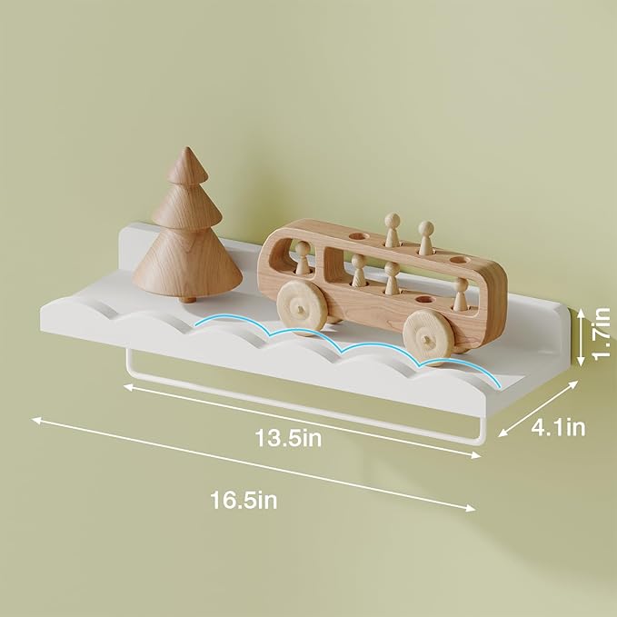 Fixwal Nursery Shelves, 16.5 Inch Floating Bookshelves for Wall Set of 4, Scalloped Wall Book Shelves with Towel Rack for Kids, Toddler Room, Baby Room, Nursery Decor and Storage(White)