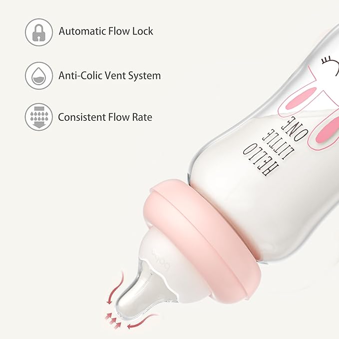 YOHKOH Natural Glass Baby Bottle with Natural Response Nipple, Newborn Anti-Colic Baby Bottles, Wide Neck Mushroom Cap Baby Bottle, Clear ((5.4oz (Pack of 2), Purple)