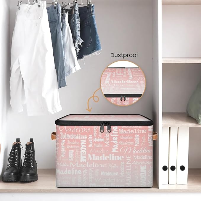 Custom Storage Basket with Name, Personalized Storage Bins with Zipper Lid, Foldable Fabric Storage Box Large capacity with Handle Pink White
