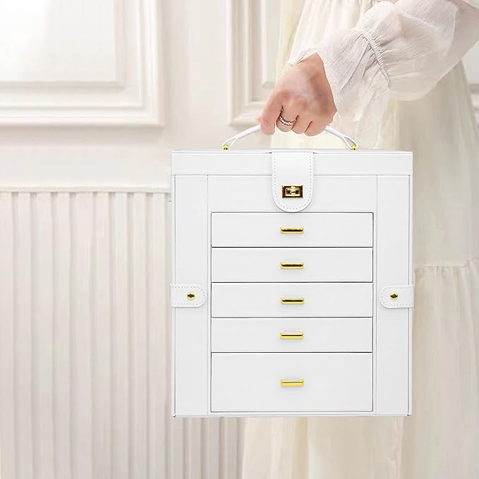 AKOZLIN Extra Large 6-Tier Jewelry Box Organizer with Mirror, 5 Drawers Leather Jewelry Storage Case for Women Girls Ring Necklace Earring Bracelet White