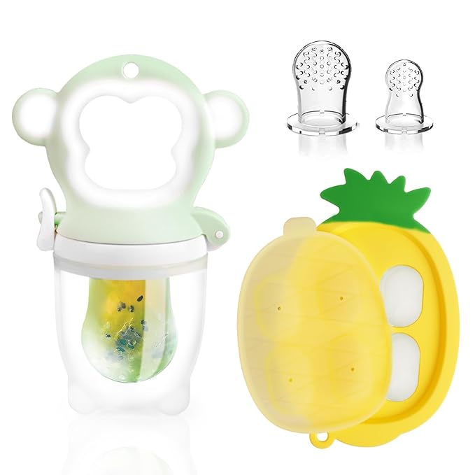 Baby Fruit Food Feeder - Silicone Nibble Tray Combo - Breastmilk Popsicle Mold for Cooling Relief, BPA Free Mesh Feeder for Infant Self Feeding (Monkey Mint + Pineapple)