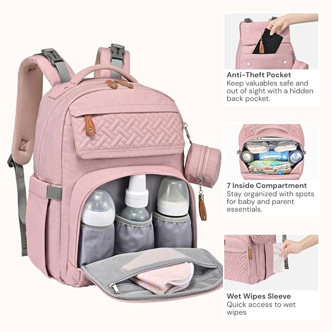 BabbleRoo Diaper Bag Backpack, Travel Backpack with Changing Pad, Pacifier Case & Stroller Straps, Multifunction, Waterproof, Unisex – Pink
