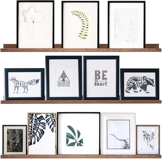 36 Inch Picture Ledge Shelf Rustic Wall Mount Light Walnut Long Narrow Picture Shelves Storage for Books Toys Music Albums Green Plants-Photo Ledge Shelf Set of 3 Mounting Hardware Include