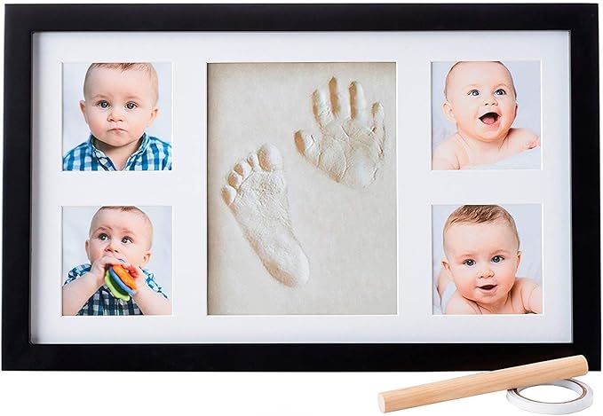 Baby Hand and Footprint Kit - Newborn Keepsake Picture Frame, Inkless Foot & Handprint Clay Mold - Baby Registry, New Mom Baby Shower, Gender Reveal Gift, Personalized Boy or Girl Nursery Photo Prints (Large, Black)