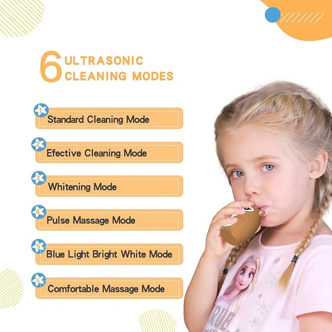 Kids Electric Toothbrushs U Shaped Sonic Automatic Toothbrush with 4 Brush Heads, Six Cleaning Modes,Cartoon Deer Modeling, Full Mouth Toothbrush for Baby