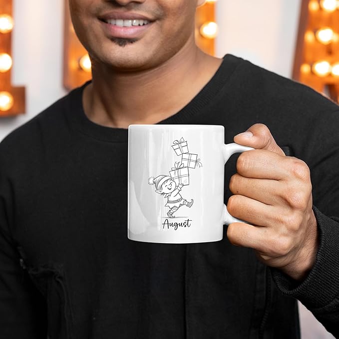Elf With Box Coffee Mug Gift For Men Boy Grandson Christmas, Personalized Name Kids Accent Teacup, Customized Elf Travel Coffee Cup Gift For Nephew on Birthday Christmas, Elves White Mug 11 Oz 15 Oz