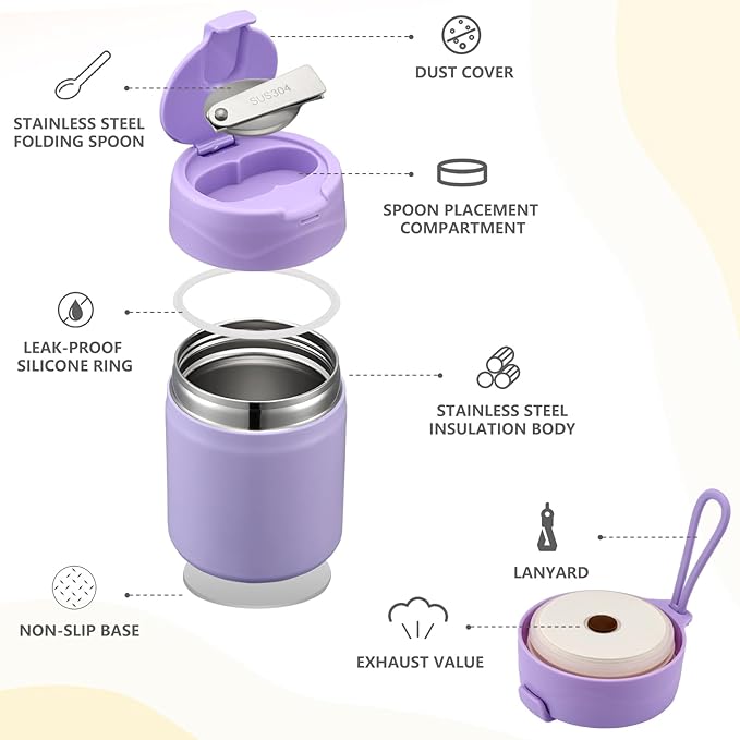 17oz Soup Thermo for Hot Food Kids Insulated Vacuum Food Jar with Stainless Steel Spoon Wide Mouth Thermo Leakproof Lunch Food Container Kids Hot Lunch Box (Purple)