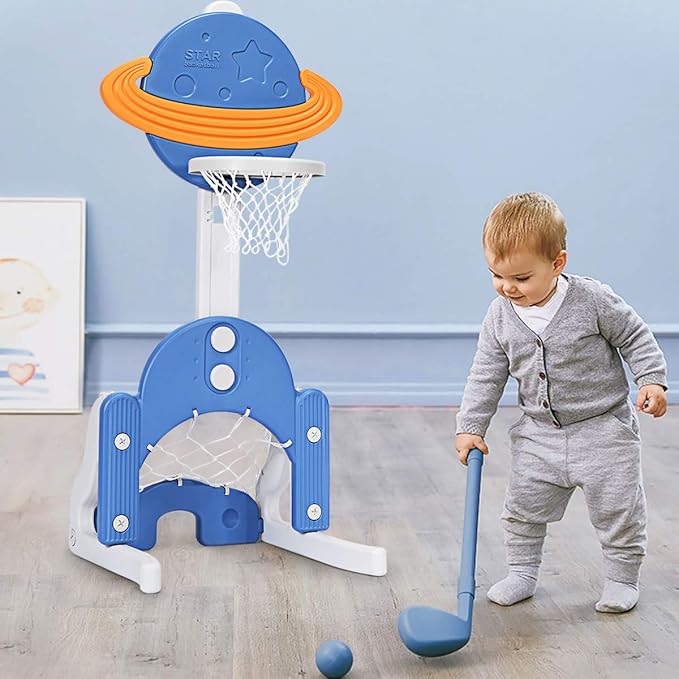 Costzon Kids Basketball Hoop, Toddler Sports Activity Center w/ 5 Adjustable Height Levels, Basketball Soccer Golf Game Set, Indoor Outdoor Basketball Hoop Set Gift for Baby Infant