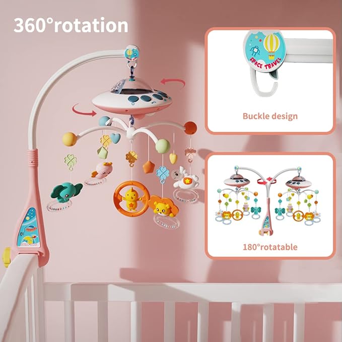 Baby Musical Crib Mobile with Night Lights and Relaxing Music,Hanging Rotating Animals Rattles,Stars Projection,Remote Control,for Boy Girl Newborn Baby Toys（Pink）