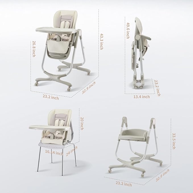 6 in 1 Convertible High Chairs for Babies and Toddlers,Portable High Chair with Dishwasher Tray and 4 Wheel,Booster Seat for Dining Table,Foldable Toddle and Baby Feeding Highchair (White)