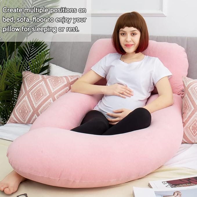 AS AWESLING 60in Full Body Pillow | Nursing, Maternity and Pregnancy Pillow | Extra Large U Shape Pillows with Detachable Side, Separate Support Pillow and Removable Cover Velvet (Light Pink)