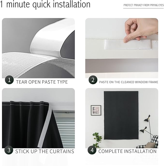 Adhesive Blackout Curtains- Self Stick Shades Window Blinds Curtains No Rod Needed Easy to Hang Curtains, Use for Bedroom, Living Room, Dining Room, Kitchen, Home Office, 47"W X 71"L, Black, 1 Panel