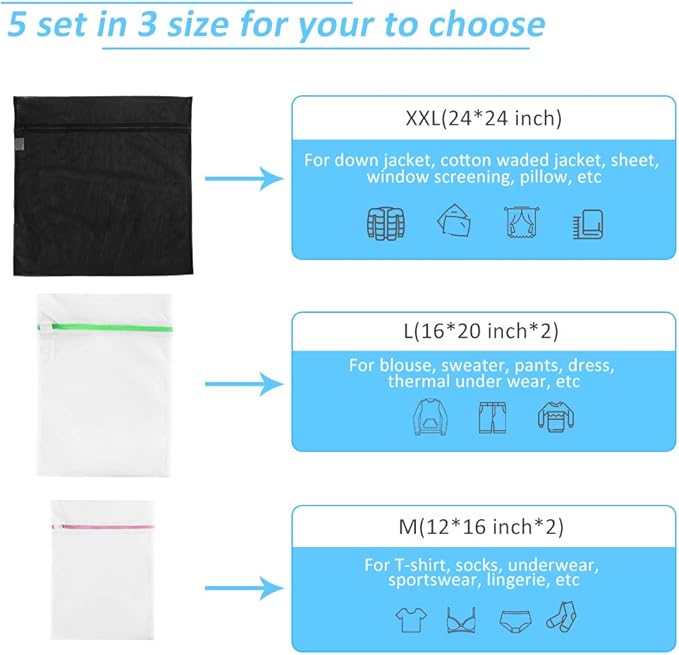 5 Pcs Mesh Laundry Bags for Delicates with Zipper, Lingerie Bags for Laundry, Travel Storage Organize Bag, Clothing Washing Bags for Laundry,Blouse, Hosiery, Stocking, Underwear, Bra and Lingerie