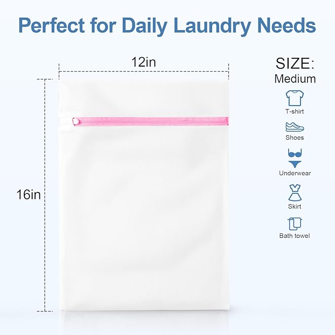 3Pcs Mesh Laundry Bags for Delicates, 16 x 12 Inch Durable Wash Bags with Zipper, Reusable Laundry Bags for Lingerie, Underwear, Socks, and Small Garments