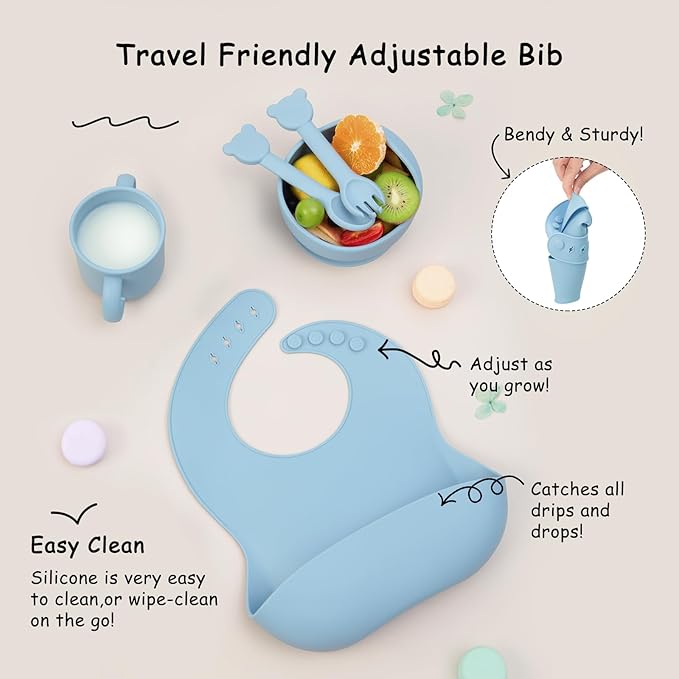 Baby Silicone Feeding Set, 13PCS Baby Self Feeding Set, Toddler Led Weaning Utensils Sets with Suction Bowl and Plate, 3 Set of Baby Spoons and Forks, Adjustable Bid, Sippy Cup with Straw and 2 Lids