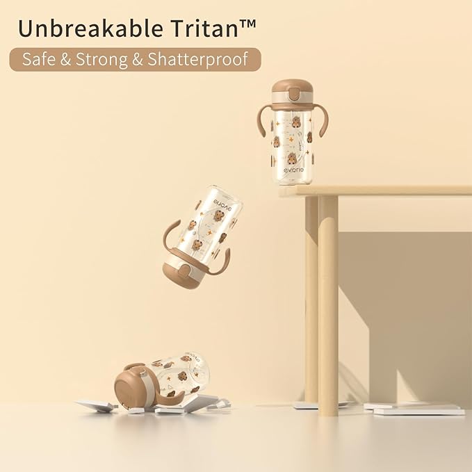 Evorie Tritan Spill Proof Toddler Straw Sippy Cup, 10 oz for Baby and Toddlers 1-3 Years Old, No Spill Straw Water Bottle with Removable Handles, Ideal for School, BPA-Free, Capybara (NEW)