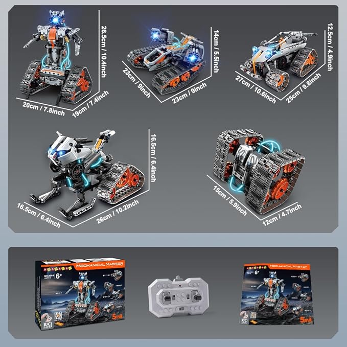 HOGOKIDS 5 in 1 STEM Building Set with LED Light - APP & Remote Controlled Cars Building Toys Kit, RC Robot Tank Sleigh Tracked Racer 604 PCS, Toy Gifts for Kids Boys Girls Ages 6 7 8 9 10 11 12+ Year