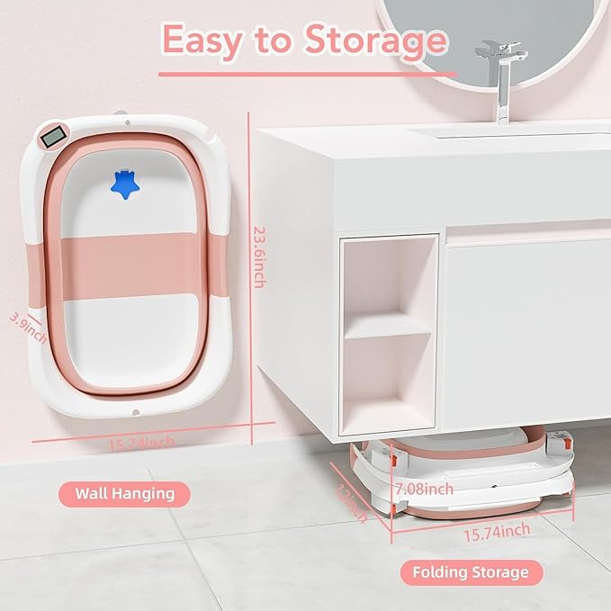 Collapsible Baby Bathtub,Baby Bath Tub with Soft Cushion & Thermometer,Baby Bathtub Newborn to Toddler 0-36 Months,Portable Travel Baby Tub