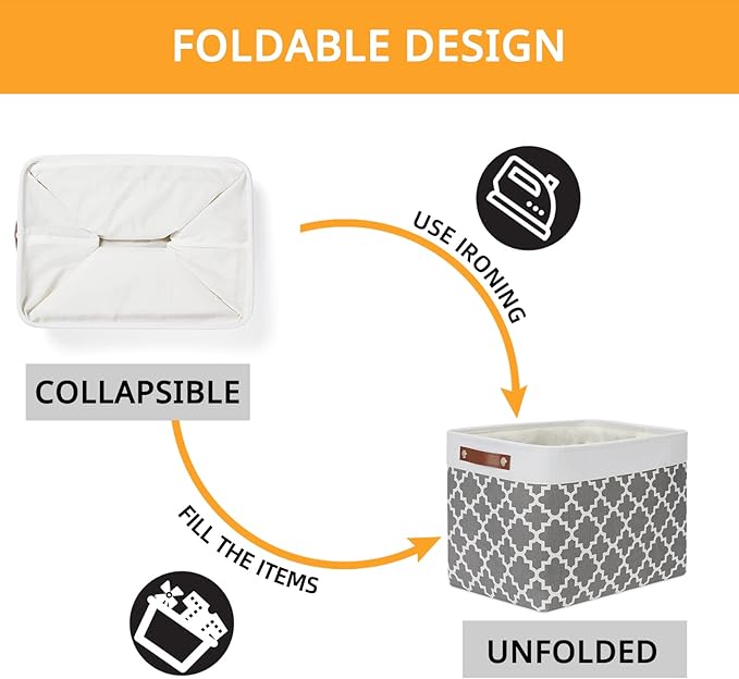 DULLEMELO Foldable Nursery Storage Baskets Canvas Storage Bins for Organizing 2 Pack Collapsible Home Organizer With Leather Handles (White&Lattice Grey)
