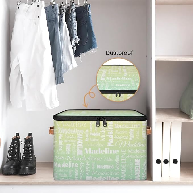 Custom Storage Basket with Name, Personalized Storage Bins with Zipper Lid, Foldable Fabric Storage Box Large capacity with Handle Yellow Green