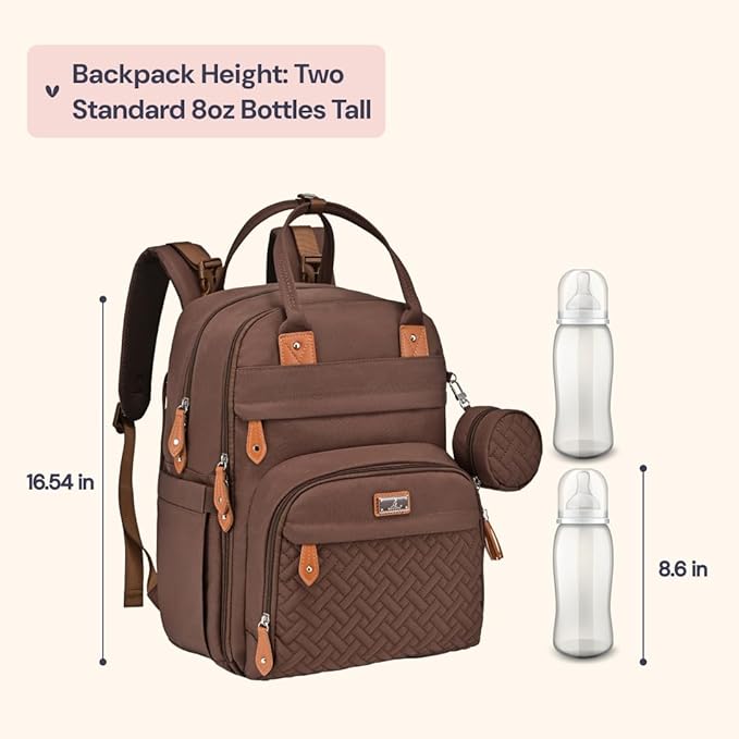 BabbleRoo Diaper Bag Backpack - Baby Essentials Travel Tote - Multi Function Waterproof Diaper Bag, Travel Essentials Baby Bag with Changing Pad, Stroller Straps & Pacifier Case - Unisex, Brown
