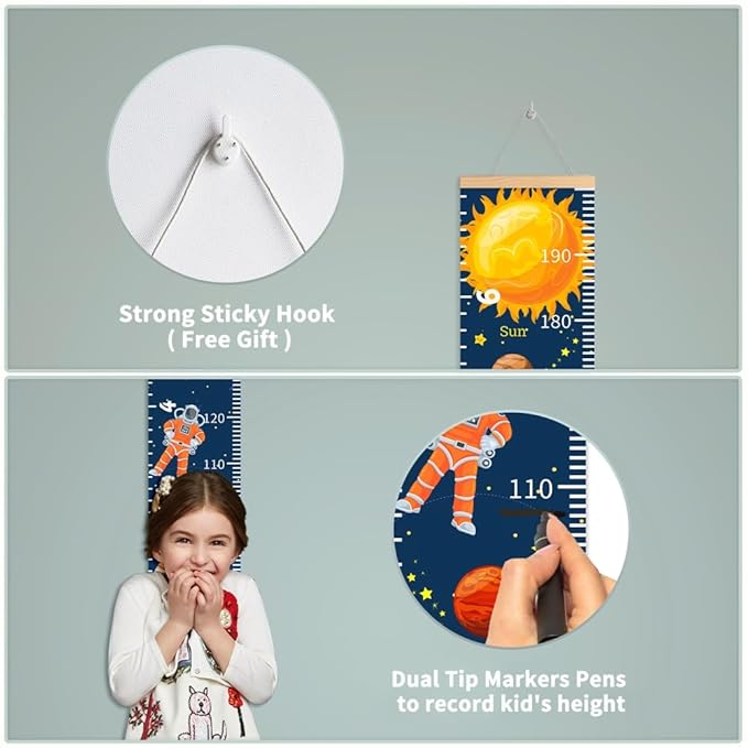 Flowers Plants Growth Chart for Kids Baby Height Chart Ruler Removable Canvas Wooden Frame Hanging Wall Rulers Measurement Charts for Floral Toddler Room Decor - 79"X7.9" with Beige Wood