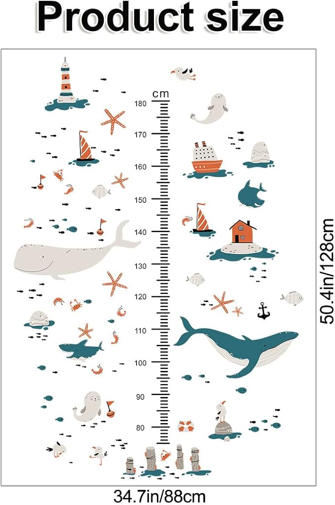 3D Cartoon Height Growth Chart for Kids Wall Decal Removable DIY Whale Ocean Animal Wall Decal Peel and Stick Sailing House Art Decor for Kids Nursery Bedroom Living Room Bathroom Decor