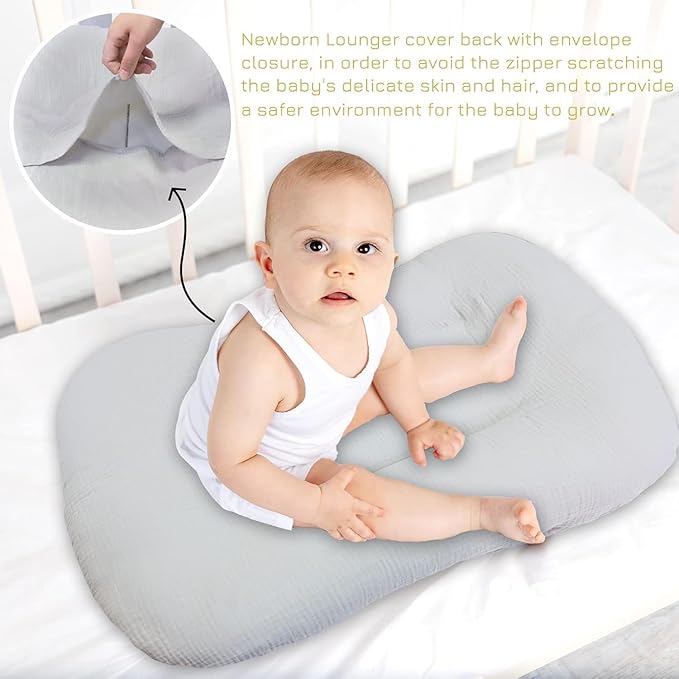 Hooyax Muslin Baby Lounger Cover Soft Organic Cotton Slipcover Fits Newborn Lounger for Baby Boys and Girls (Light Gray)