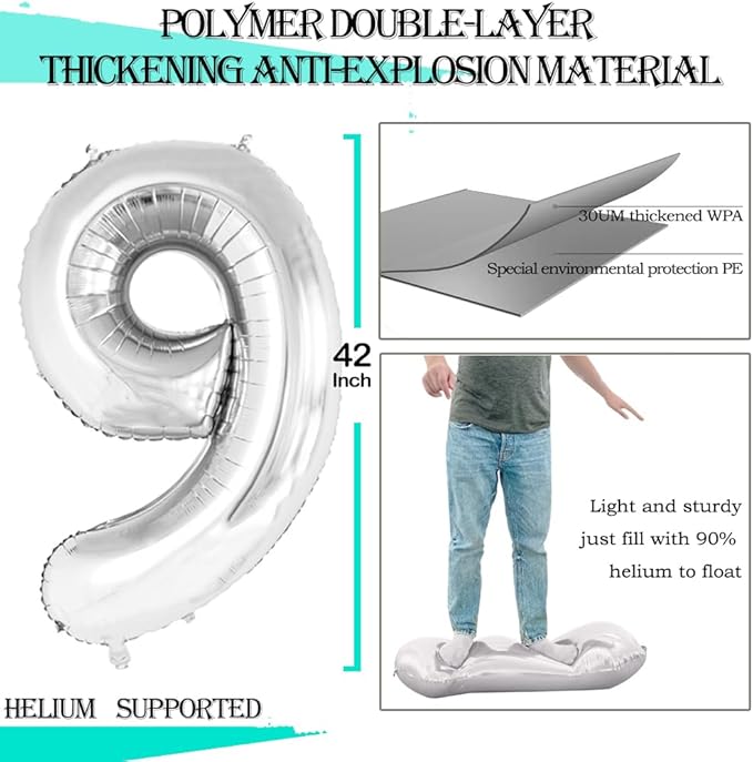 GOER Silver Foil Balloons Number 9,Huge Number Balloons for 9th Birthday Party Supplies Anniversary Decorations(3 pcs,42 inch,32 inc,16inch)