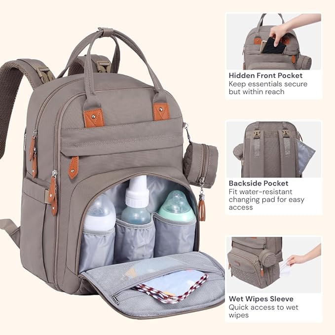 BabbleRoo Diaper Bag Backpack - Baby Essentials Travel Tote - Multi Function Waterproof Diaper Bag, Travel Essentials Baby Bag with Changing Pad, Stroller Straps & Pacifier Case - Unisex, Khaki