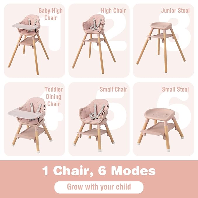 BABY JOY Baby High Chair, 6 in 1 Convertible Wooden High Chair for Babies & Toddlers with Adjustable Legs, Double Removable Tray, Safety Harness & Waterproof PU Cushion (Pink)