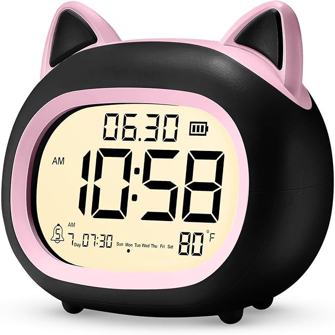 Kids Alarm Clock with Night Light for Kids, Small Digital Alarm Clocks for Bedrooms, Routine Builder, Cute Cat Alarm Clock with Sleep Training, Snooze, 12/24H, Date & Day, Temperature, USB Port